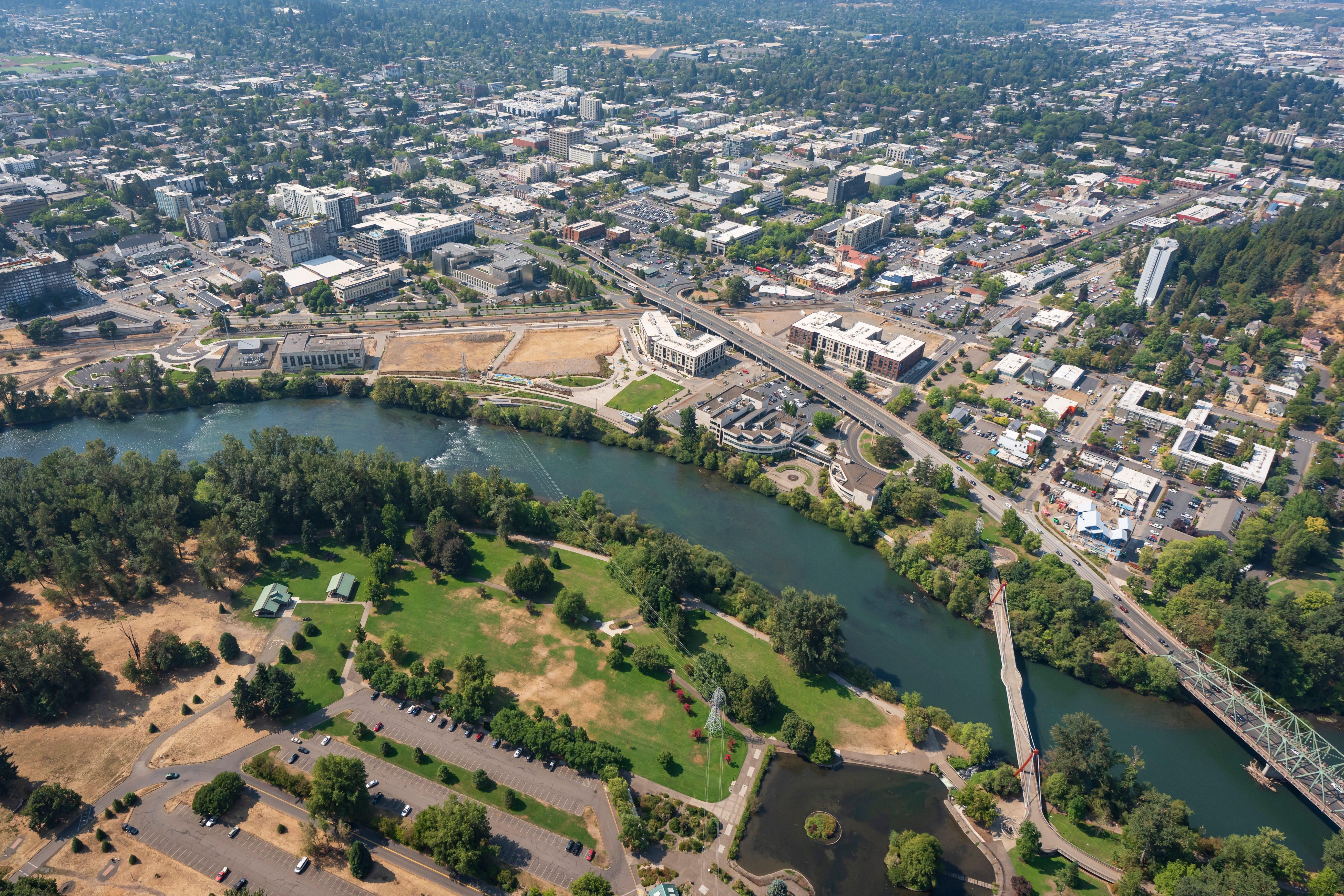 Aerial view of Alton Baker Park and Riverfront Neighborhood